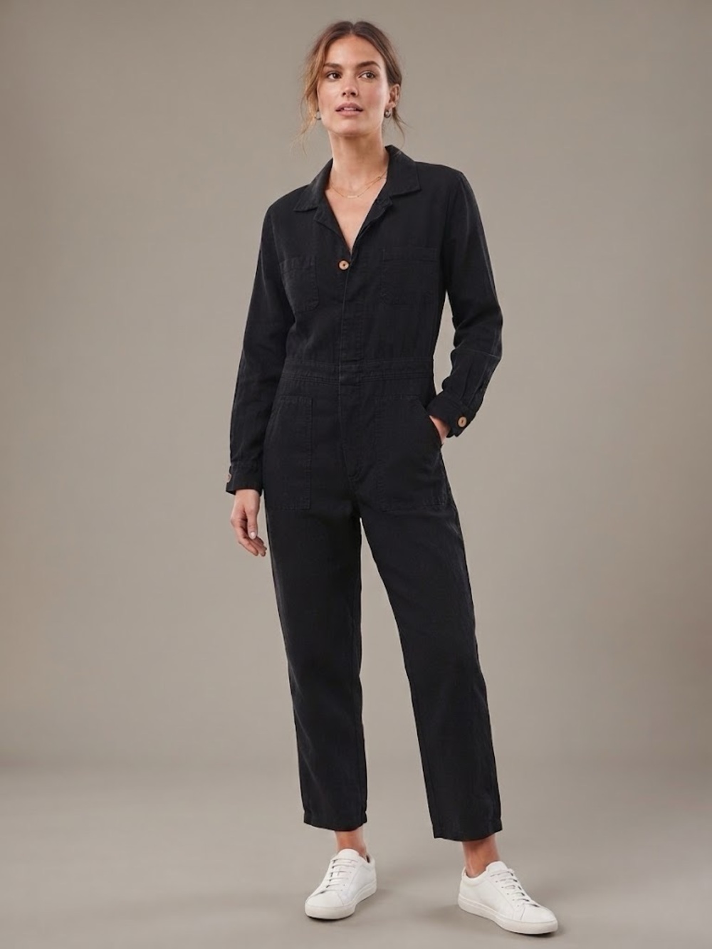 MATE the Label Black 100% Linen Long Sleeve Utility Jumpsuit Size Medium